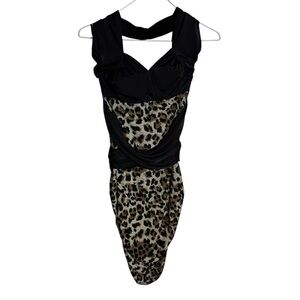 Vintage Y2K halter sweetheart neckline bodycon cheetah print wiggle pin up dress